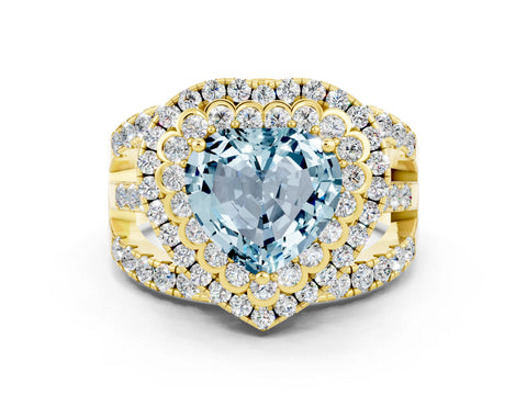 Yellow gold Double Halo Heart Cut Diamond Split Shank Pave Set Ring