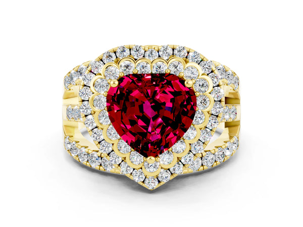 Yellow gold Heart Cut Garnet Double Halo Ring with Round Pavé Split Shank and Prong Setting