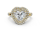 Yellow gold Double Halo Heart Cut Diamond Split Shank Ring with Four Prong Setting_34