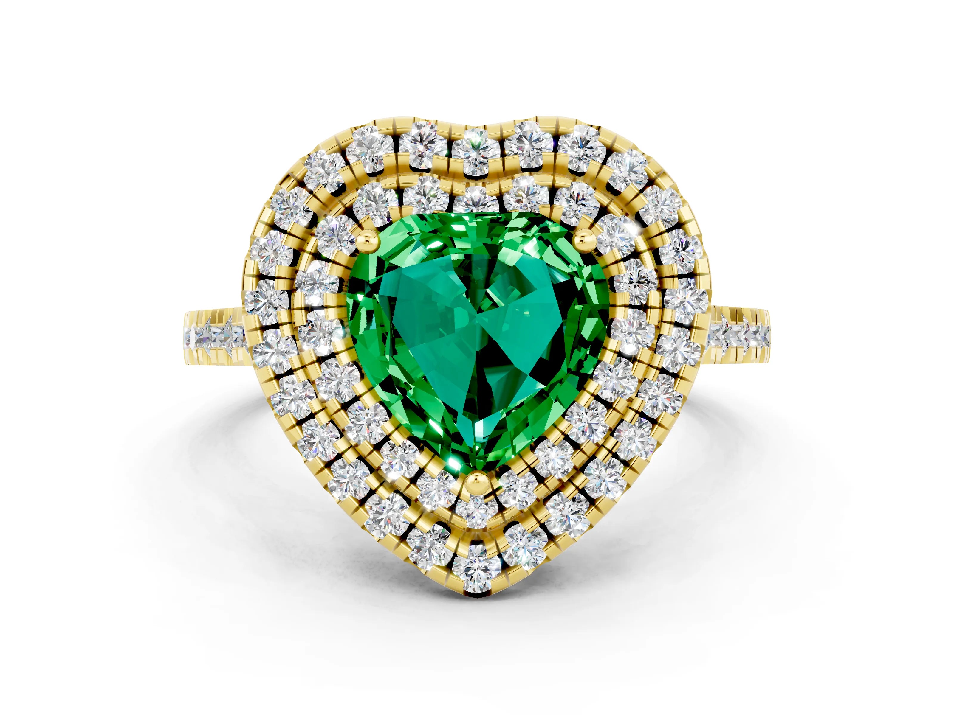 Yellow gold Double Halo Heart Cut Emerald Pavé Band with Four-Prong Setting