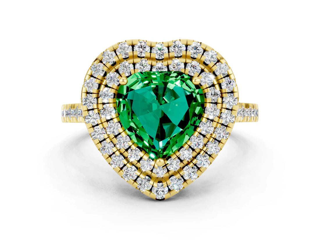 Yellow gold Double Halo Heart Cut Emerald Pavé Band with Four-Prong Setting
