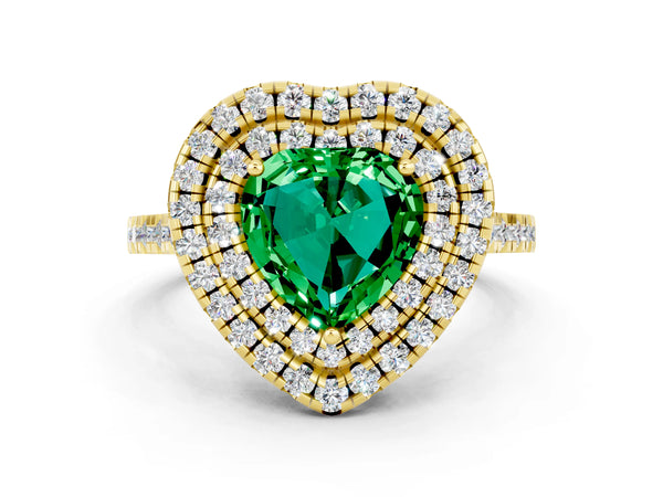 Yellow gold Double Halo Heart Cut Emerald Pavé Band with Four-Prong Setting
