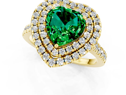 Yellow gold Double Halo Heart Cut Emerald Pavé Band with Four-Prong Setting_1