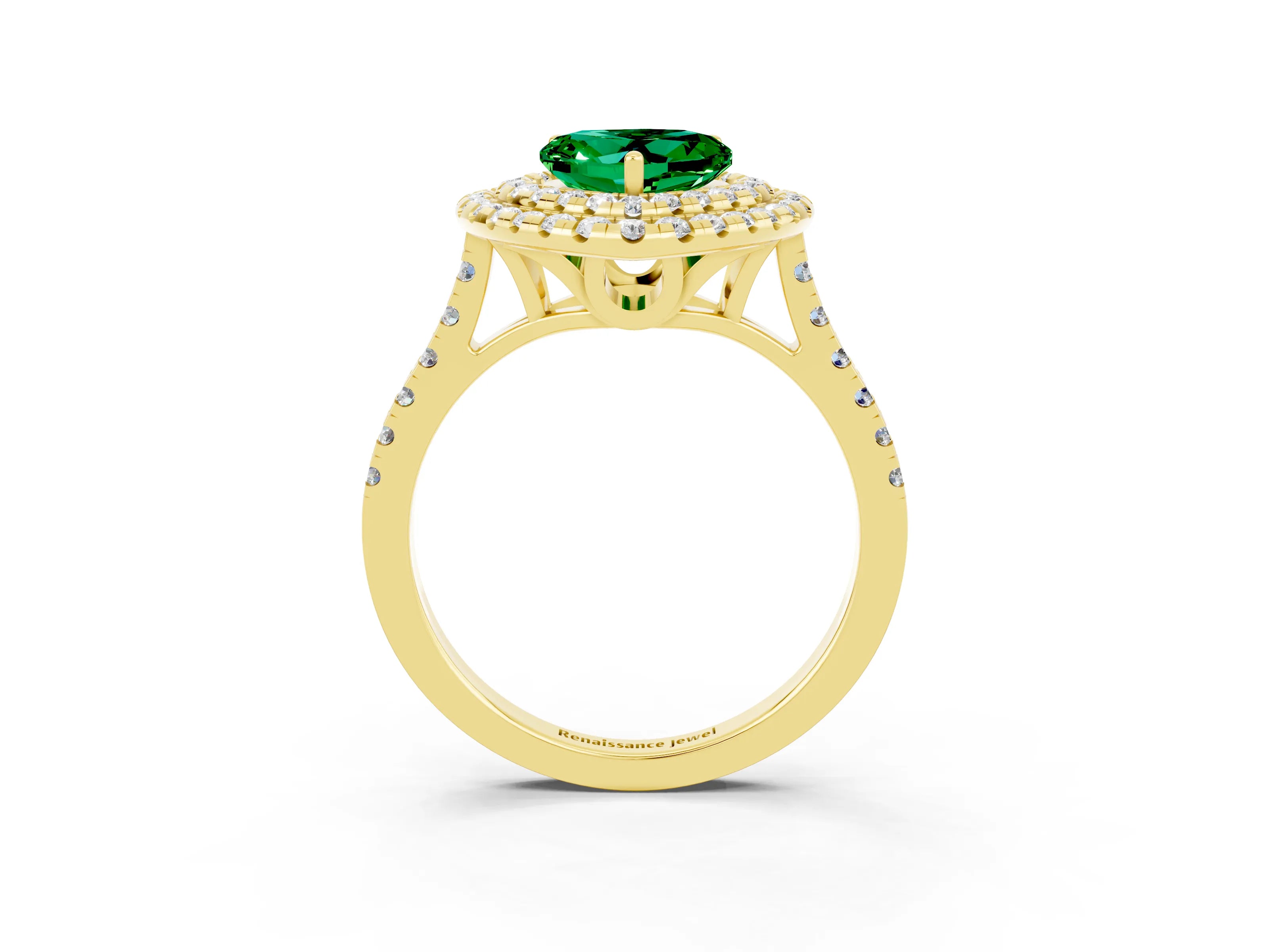 Yellow gold Double Halo Heart Cut Emerald Pavé Band with Four-Prong Setting_3