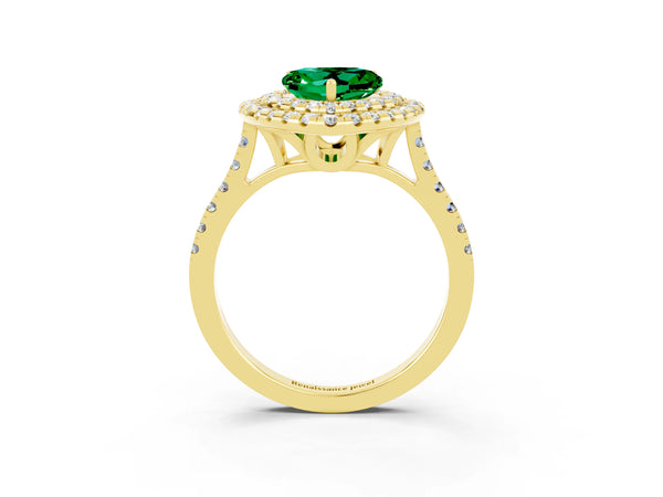 Yellow gold Double Halo Heart Cut Emerald Pavé Band with Four-Prong Setting