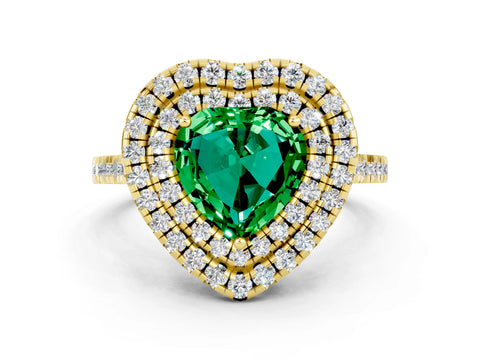 Yellow gold Double Halo Heart Cut Emerald Pavé Band with Four-Prong Setting