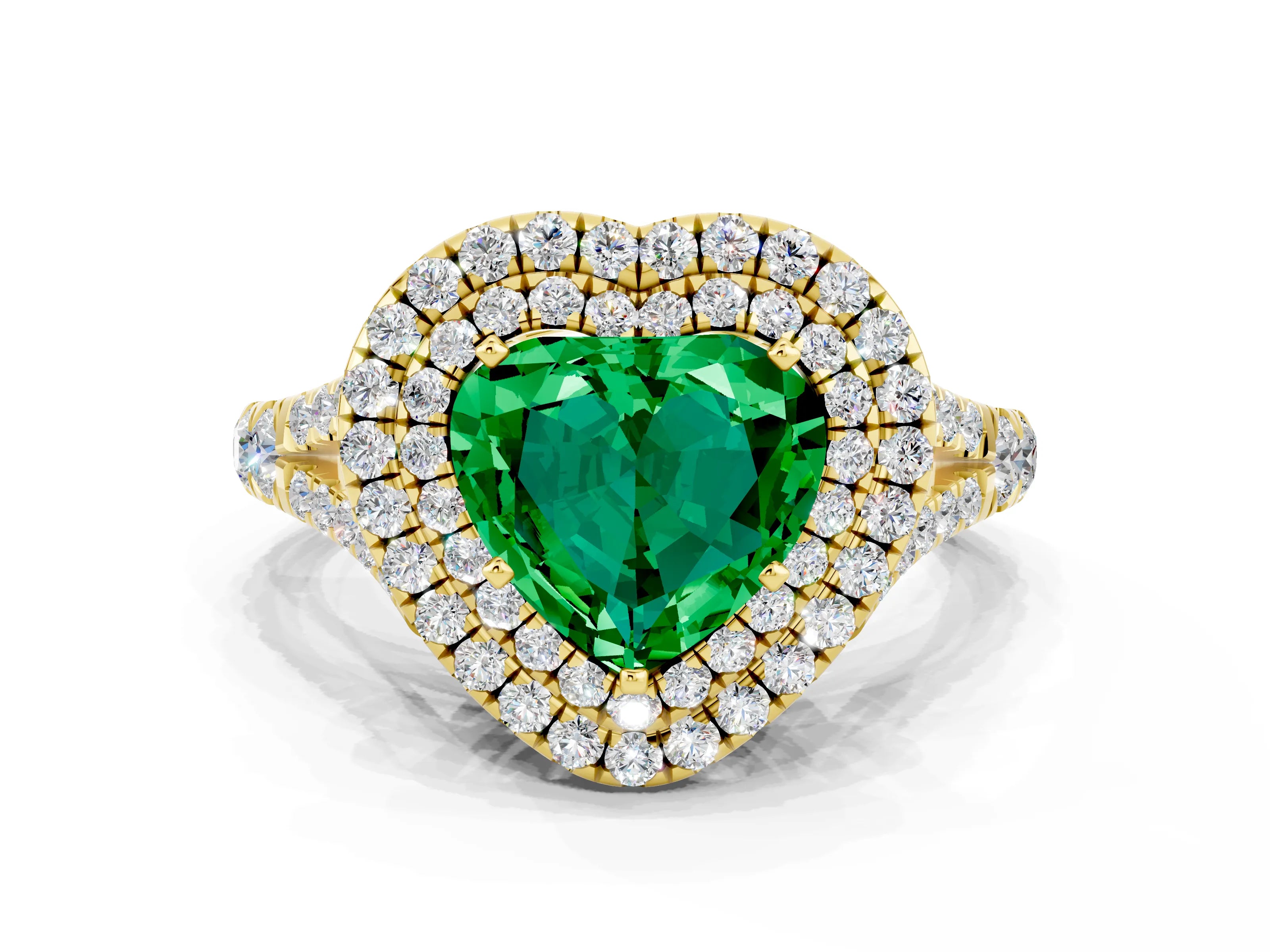 Yellow gold Double Halo Heart Cut Emerald Pavé Split Shank Ring with Prong Setting