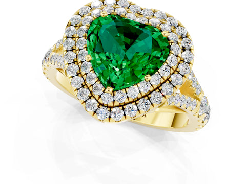 Yellow gold Double Halo Heart Cut Emerald Pavé Split Shank Ring with Prong Setting_1