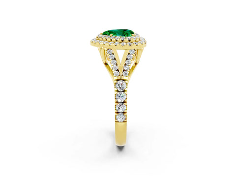 Yellow gold Double Halo Heart Cut Emerald Pavé Split Shank Ring with Prong Setting_2