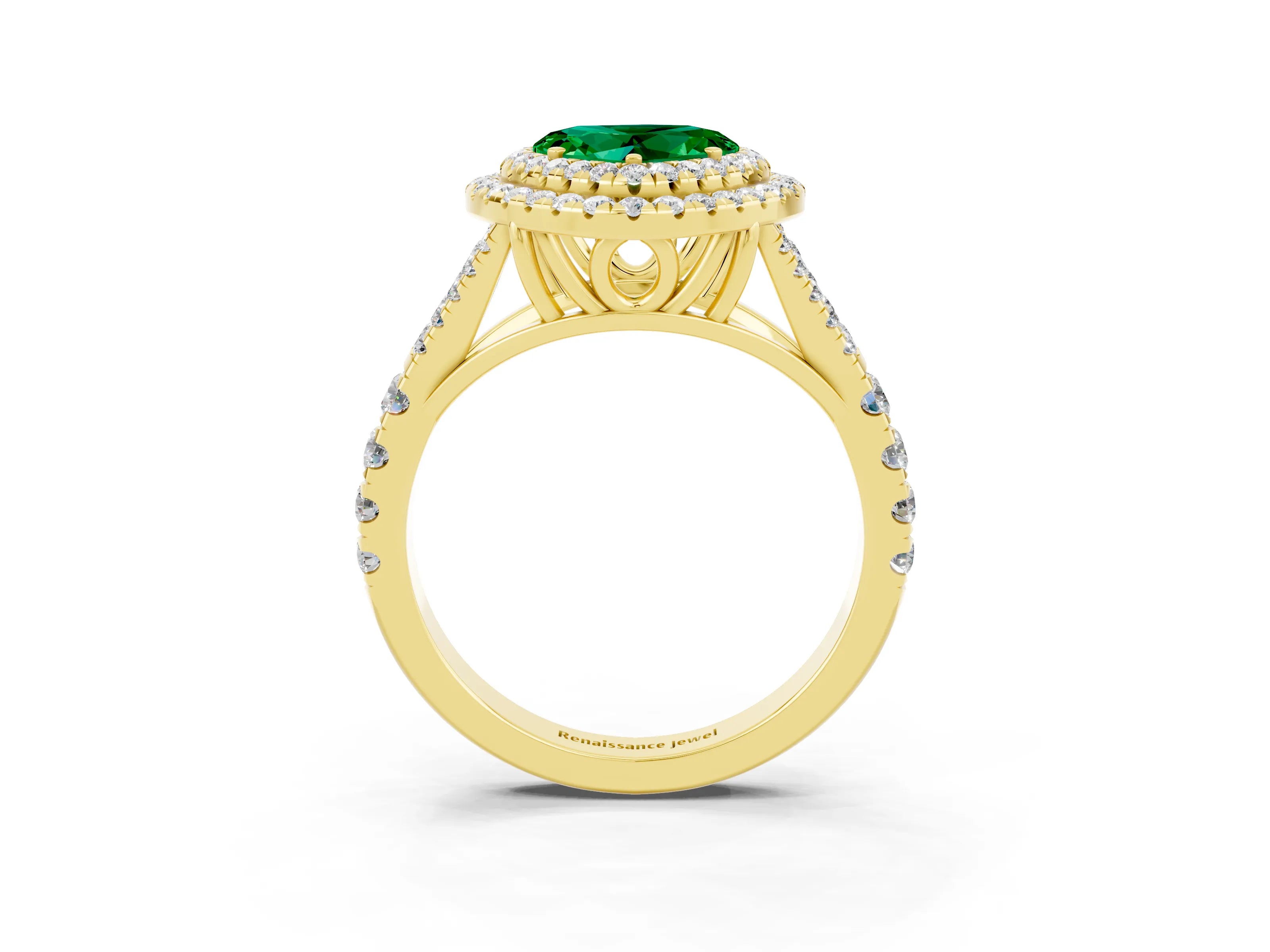 Yellow gold Double Halo Heart Cut Emerald Pavé Split Shank Ring with Prong Setting_3