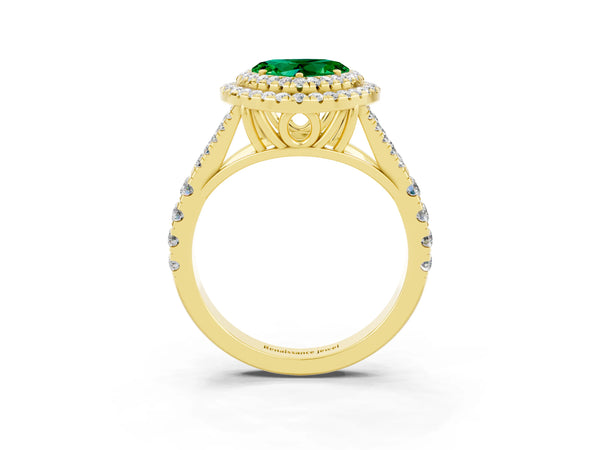 Yellow gold Double Halo Heart Cut Emerald Pavé Split Shank Ring with Prong Setting
