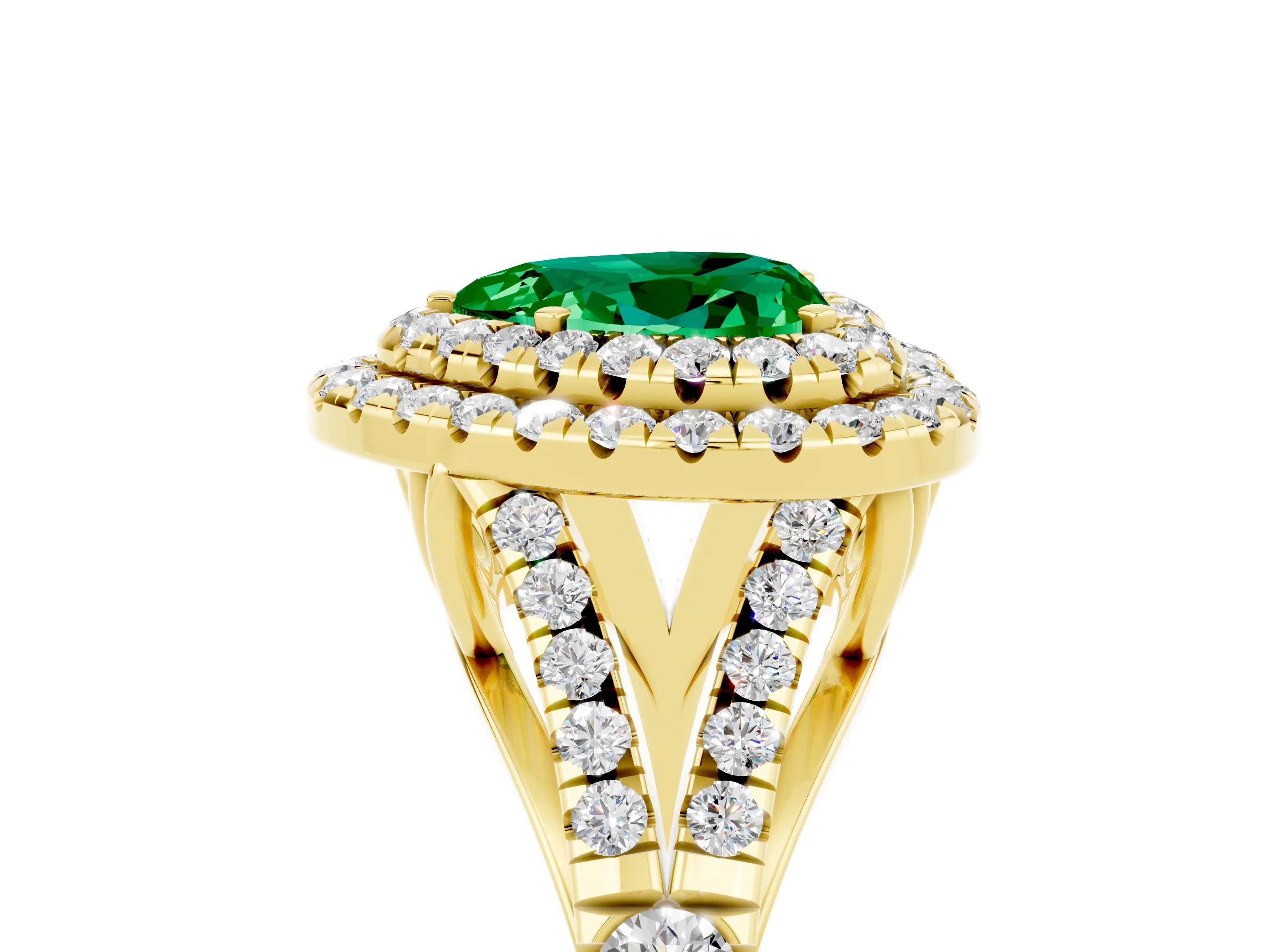 Yellow gold Double Halo Heart Cut Emerald Pavé Split Shank Ring with Prong Setting_5