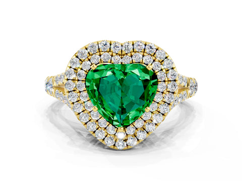 Yellow gold Double Halo Heart Cut Emerald Pavé Split Shank Ring with Prong Setting