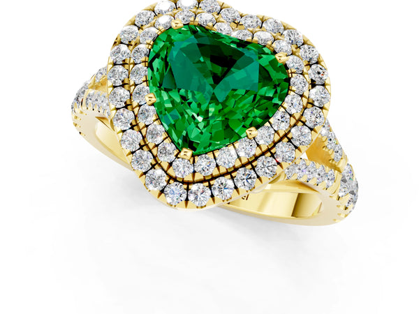 Yellow gold Double Halo Heart Cut Emerald Split Shank Engagement Ring with Four-Prong Setting