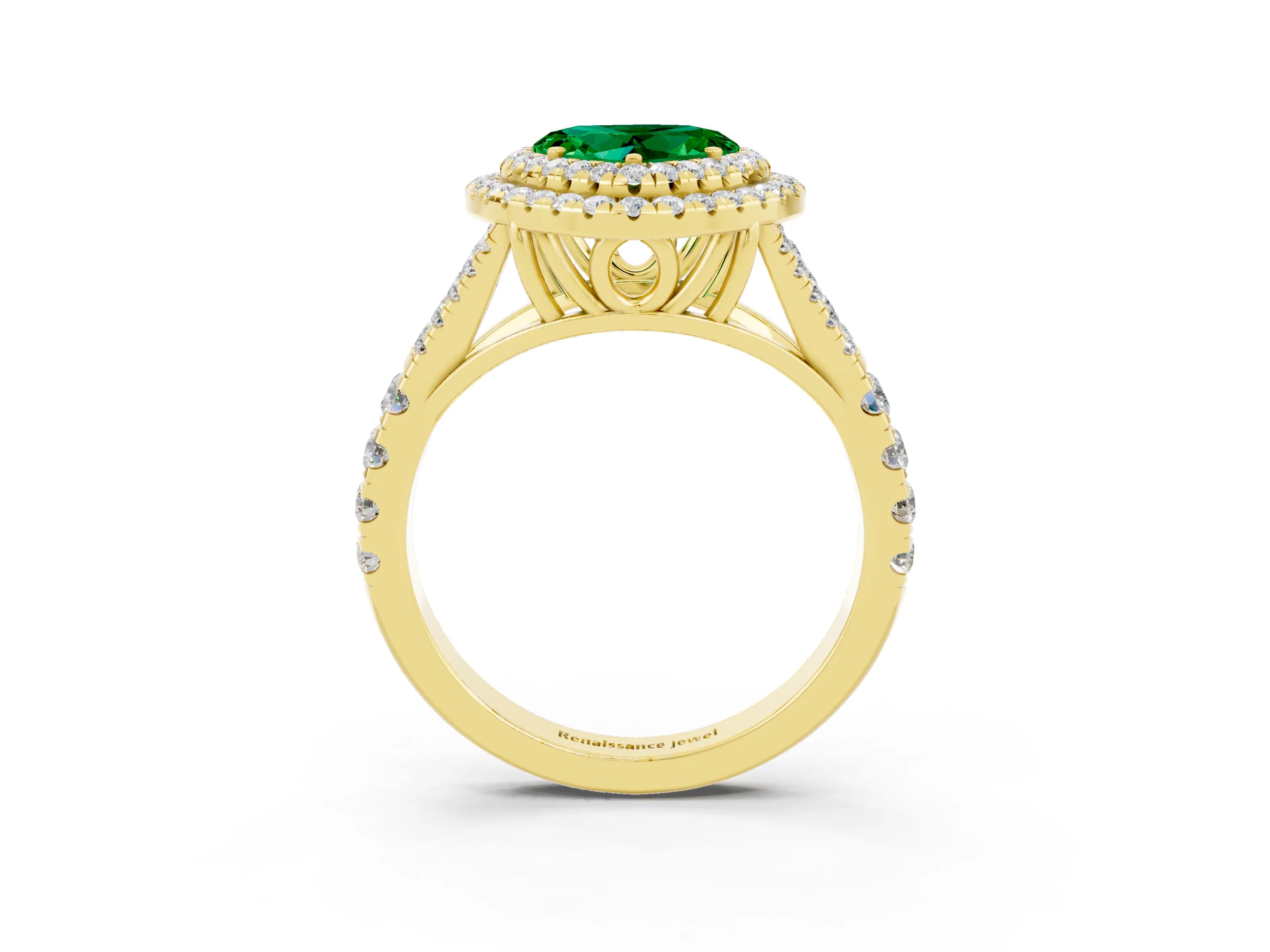 Yellow gold Double Halo Heart Cut Emerald Split Shank Engagement Ring with Four-Prong Setting_3