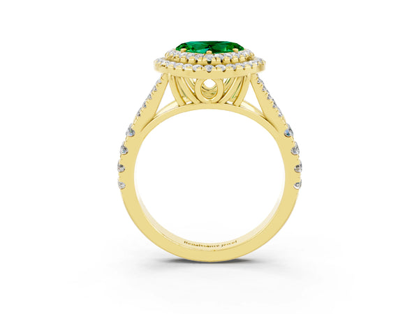 Yellow gold Double Halo Heart Cut Emerald Split Shank Engagement Ring with Four-Prong Setting