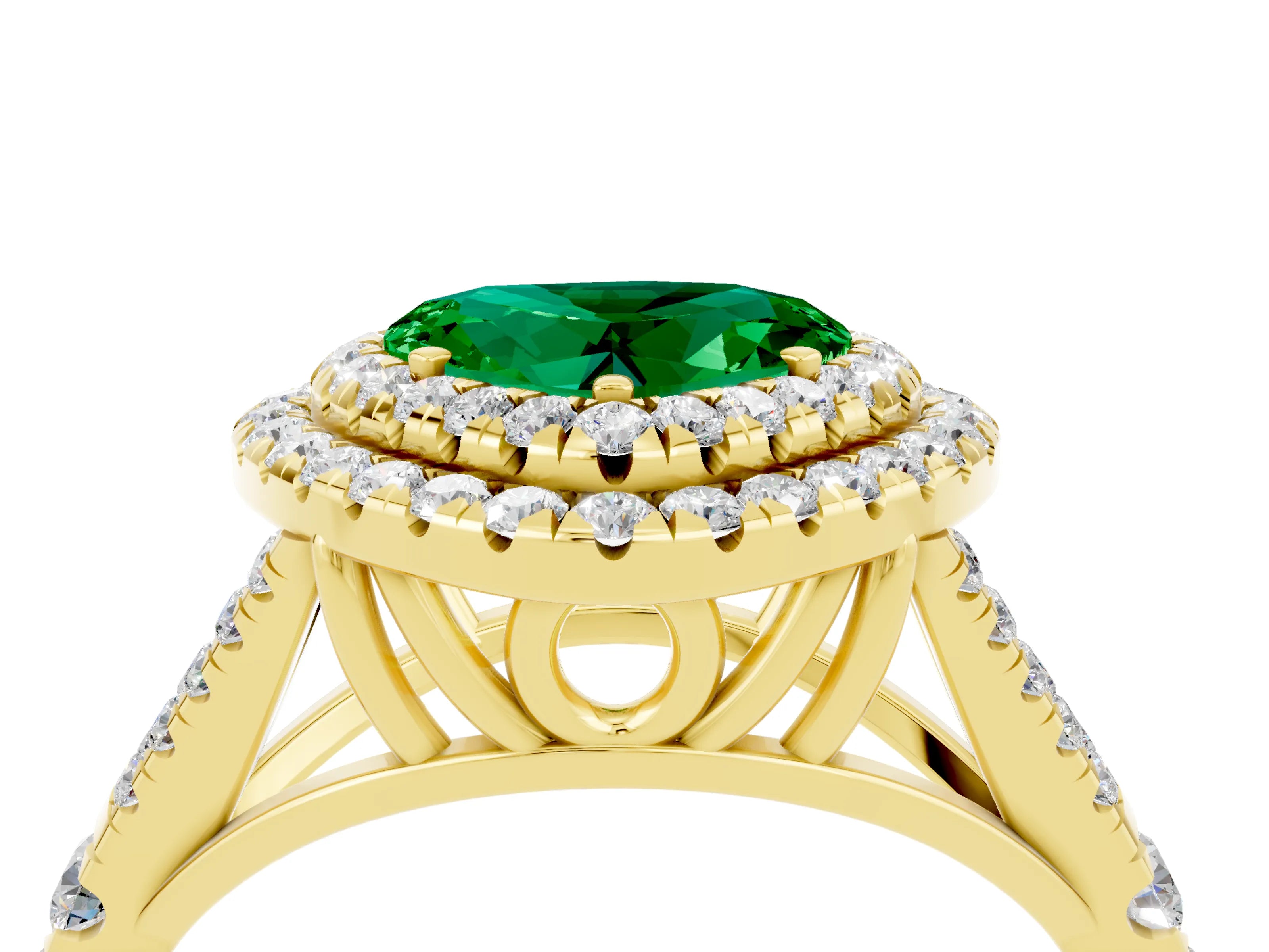 Yellow gold Double Halo Heart Cut Emerald Split Shank Engagement Ring with Four-Prong Setting_4