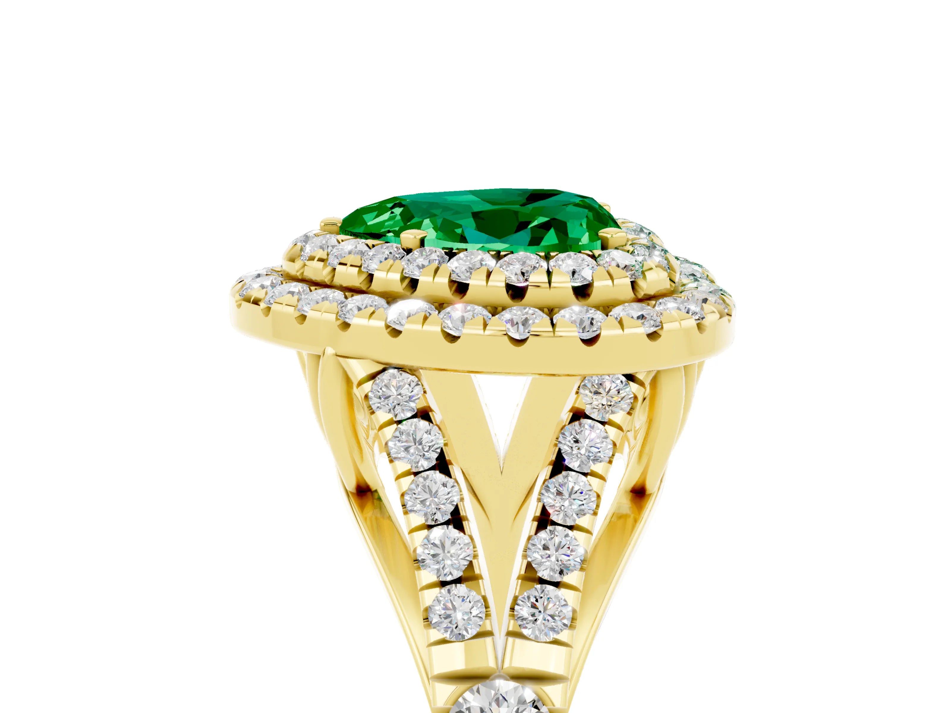 Yellow gold Double Halo Heart Cut Emerald Split Shank Engagement Ring with Four-Prong Setting_5