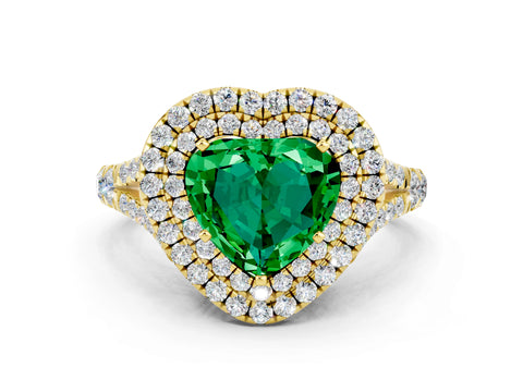 Yellow gold Double Halo Heart Cut Emerald Split Shank Engagement Ring with Four-Prong Setting