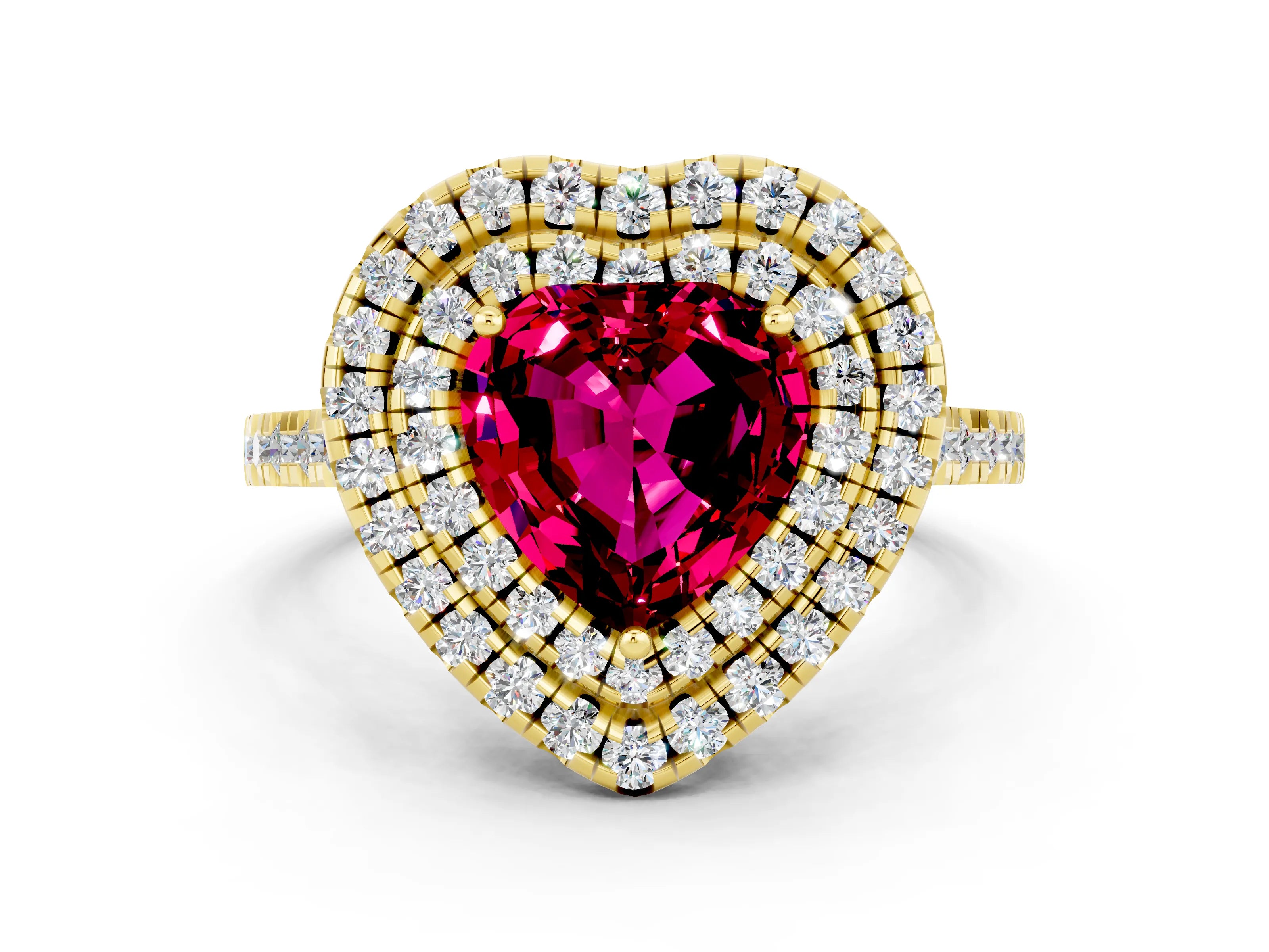 Yellow gold Double Halo Heart Cut Garnet Pavé Band with Four-Prong Setting