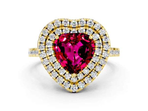 Yellow gold Double Halo Heart Cut Garnet Pavé Band with Four-Prong Setting