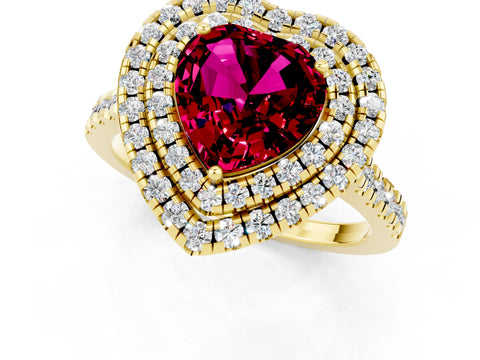 Yellow gold Double Halo Heart Cut Garnet Pavé Band with Four-Prong Setting_1