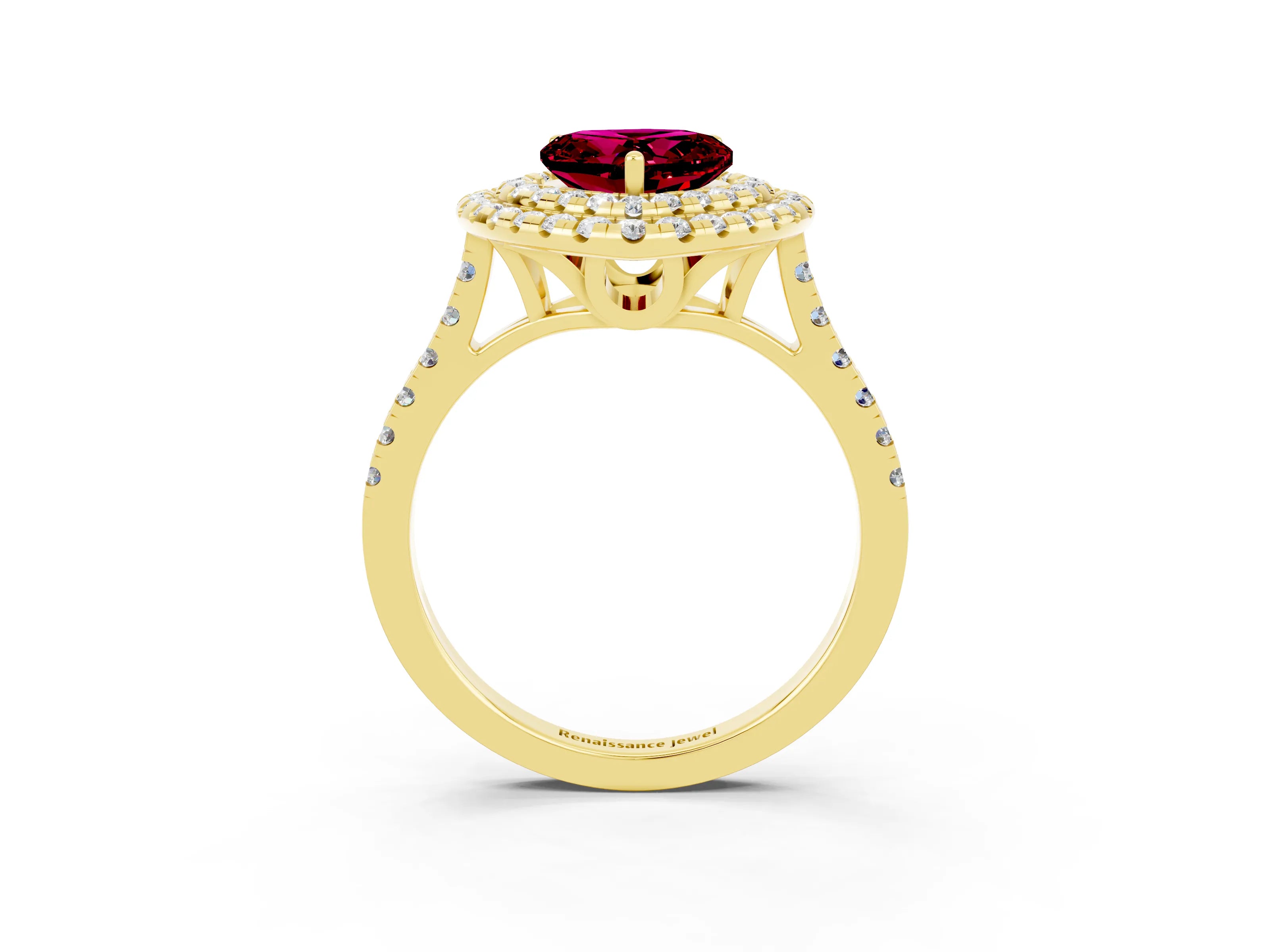 Yellow gold Double Halo Heart Cut Garnet Pavé Band with Four-Prong Setting_3
