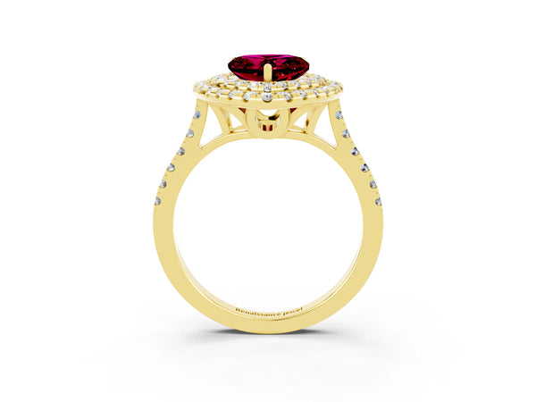 Yellow gold Double Halo Heart Cut Garnet Pavé Band with Four-Prong Setting