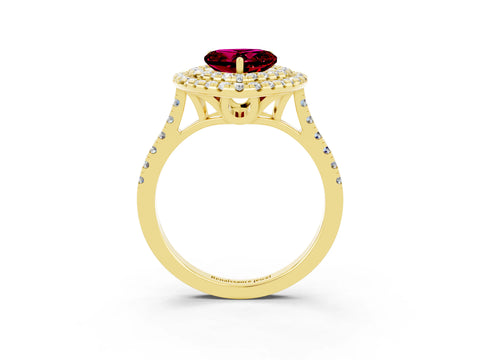 Yellow gold Double Halo Heart Cut Garnet Pavé Band with Four-Prong Setting_3