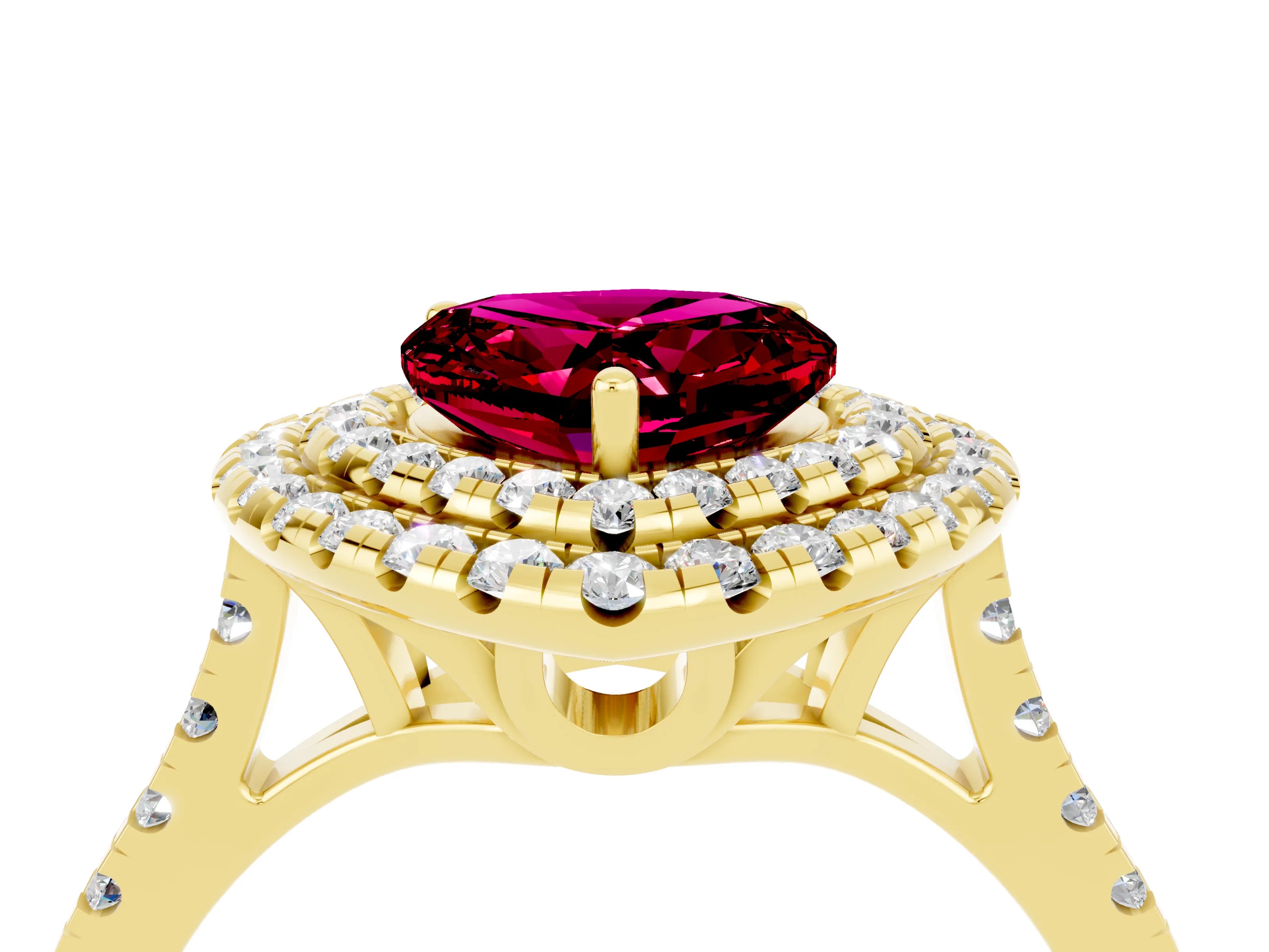 Yellow gold Double Halo Heart Cut Garnet Pavé Band with Four-Prong Setting_4