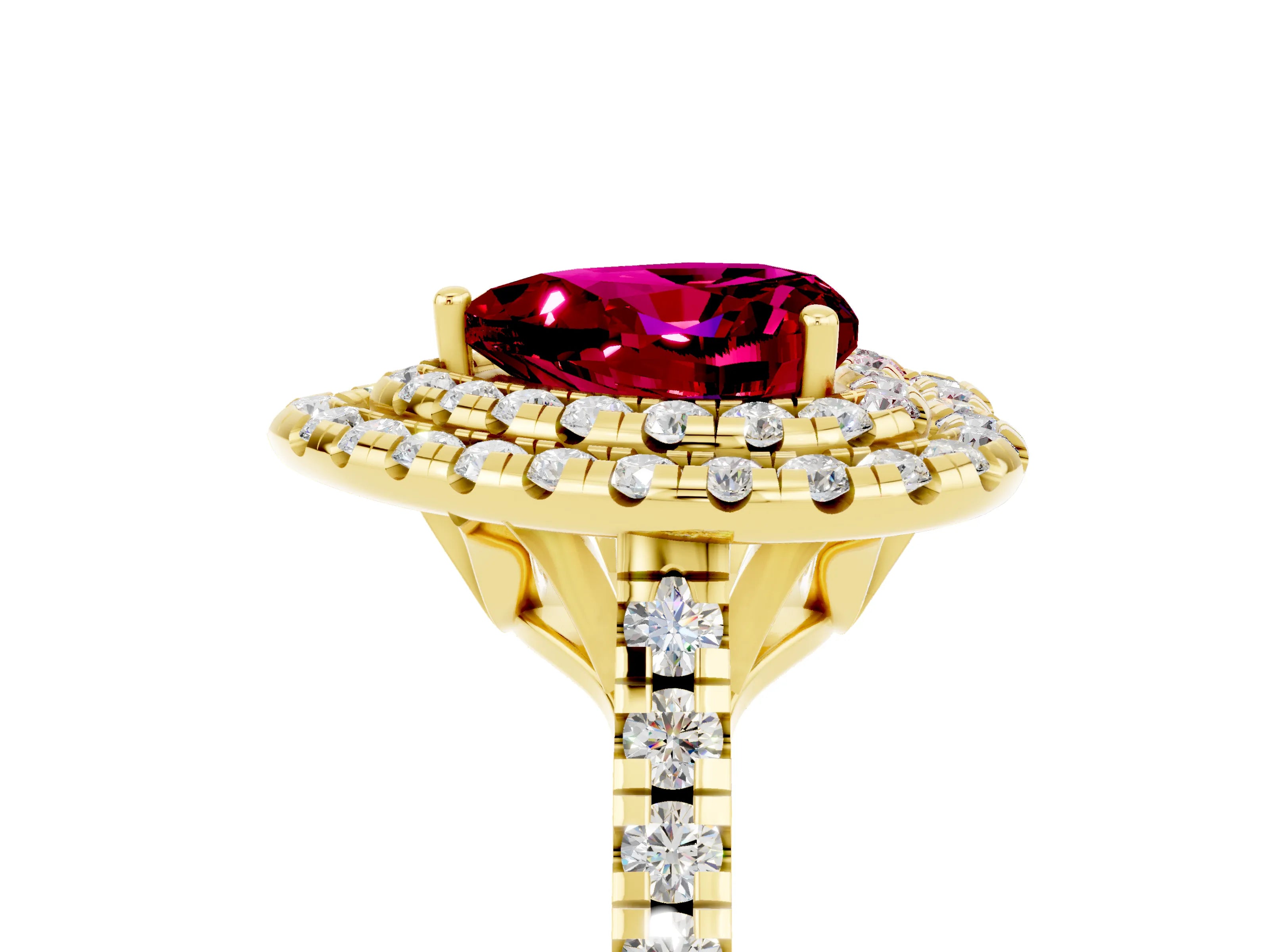 Yellow gold Double Halo Heart Cut Garnet Pavé Band with Four-Prong Setting_5
