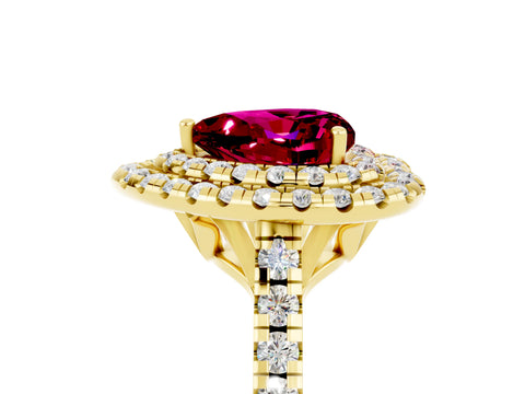 Yellow gold Double Halo Heart Cut Garnet Pavé Band with Four-Prong Setting_5