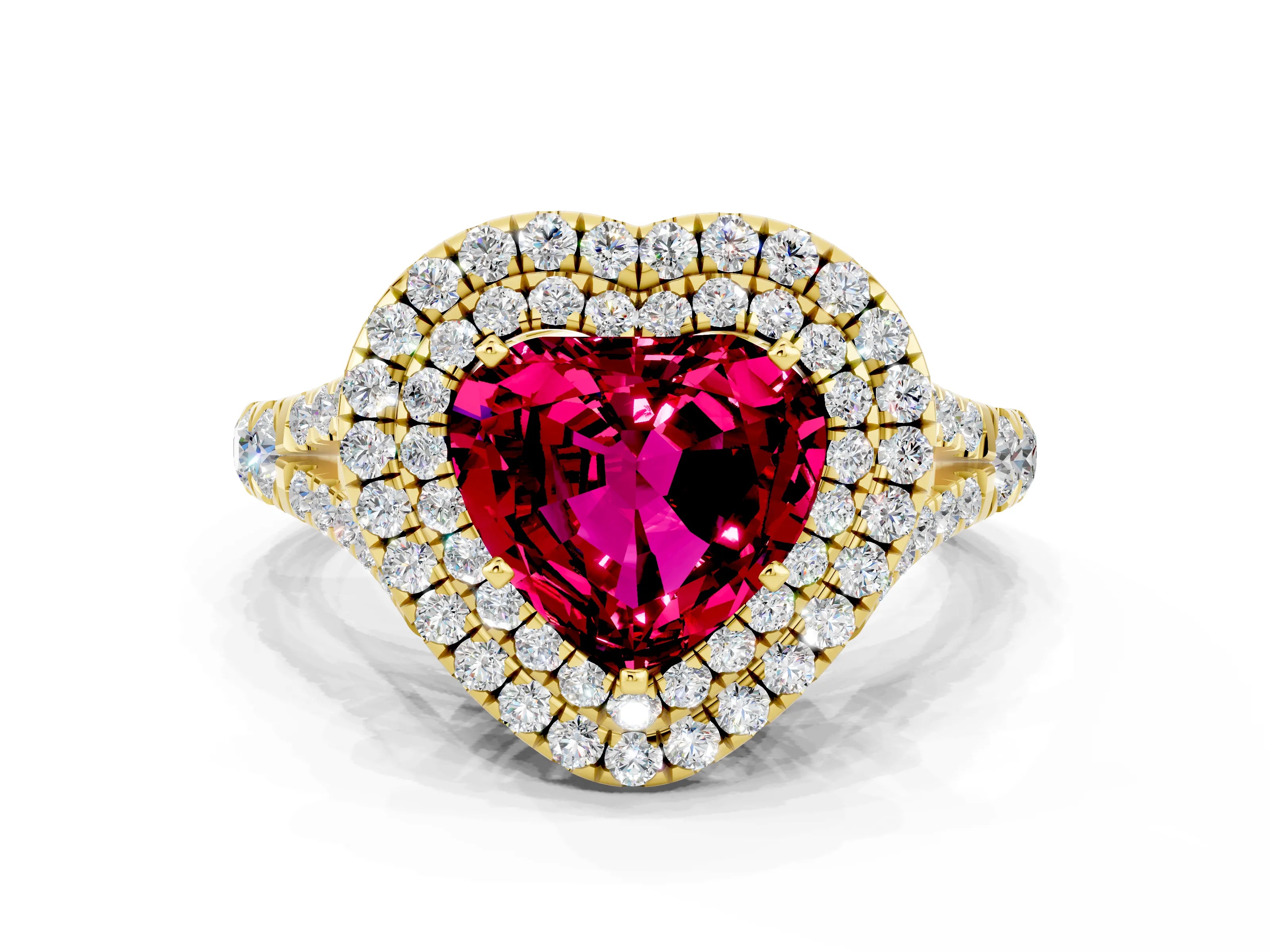 Yellow gold Double Halo Heart Cut Garnet Pavé Split Shank Ring with Prong Setting