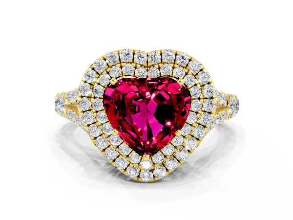 Yellow gold Double Halo Heart Cut Garnet Pavé Split Shank Ring with Prong Setting