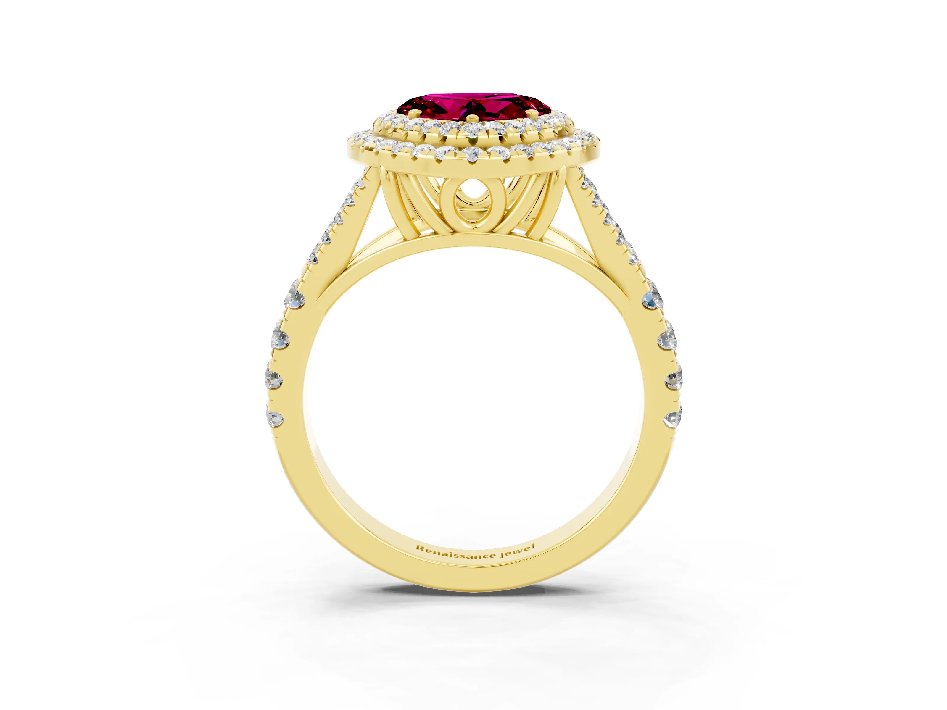 Yellow gold Double Halo Heart Cut Garnet Pavé Split Shank Ring with Prong Setting_3