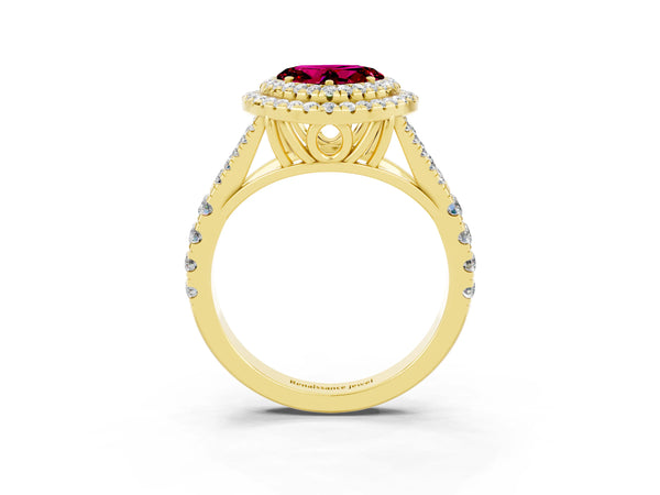 Yellow gold Double Halo Heart Cut Garnet Pavé Split Shank Ring with Prong Setting