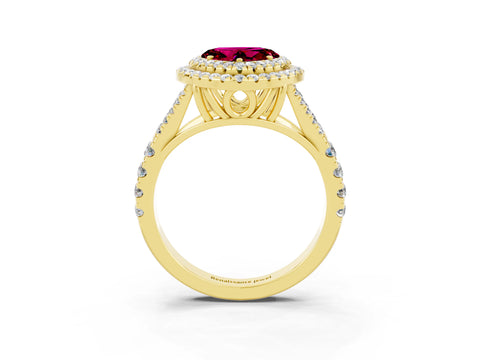 Yellow gold Double Halo Heart Cut Garnet Pavé Split Shank Ring with Prong Setting_3