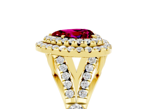 Yellow gold Double Halo Heart Cut Garnet Pavé Split Shank Ring with Prong Setting_5