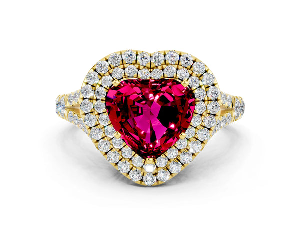 Yellow gold Double Halo Heart Cut Garnet Split Shank Engagement Ring with Four-Prong Setting