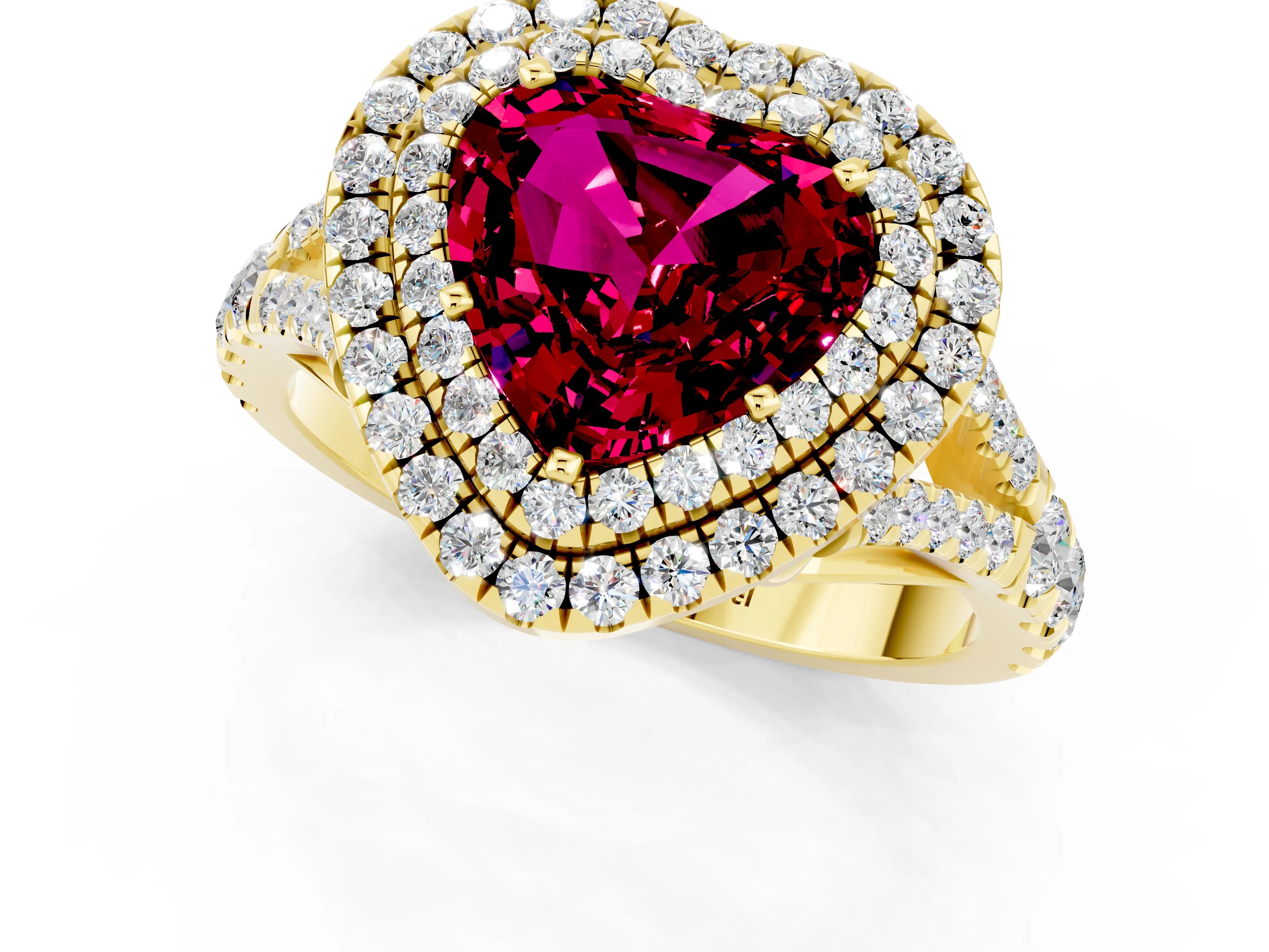 Yellow gold Double Halo Heart Cut Garnet Split Shank Engagement Ring with Four-Prong Setting_1