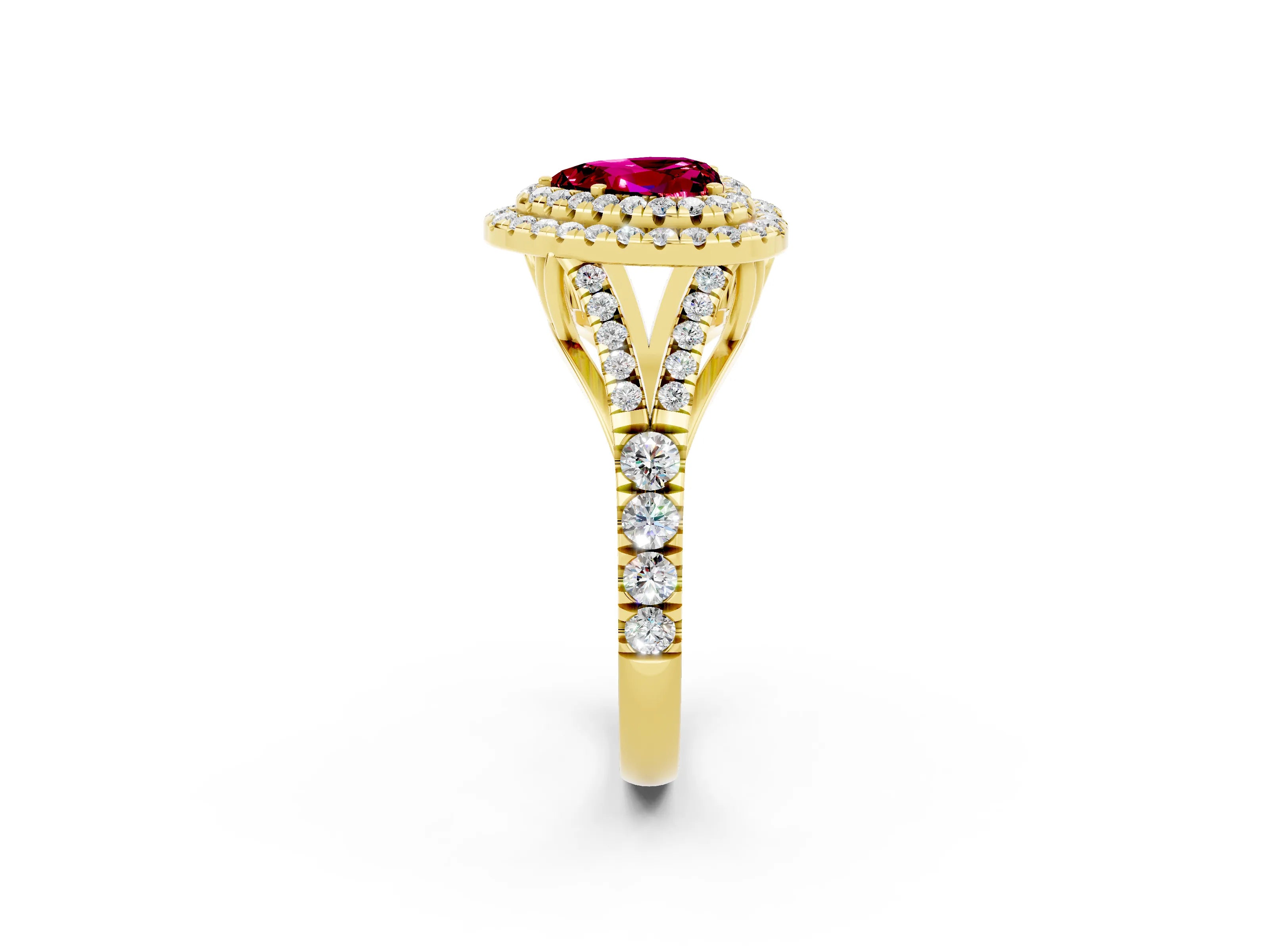 Yellow gold Double Halo Heart Cut Garnet Split Shank Engagement Ring with Four-Prong Setting_2