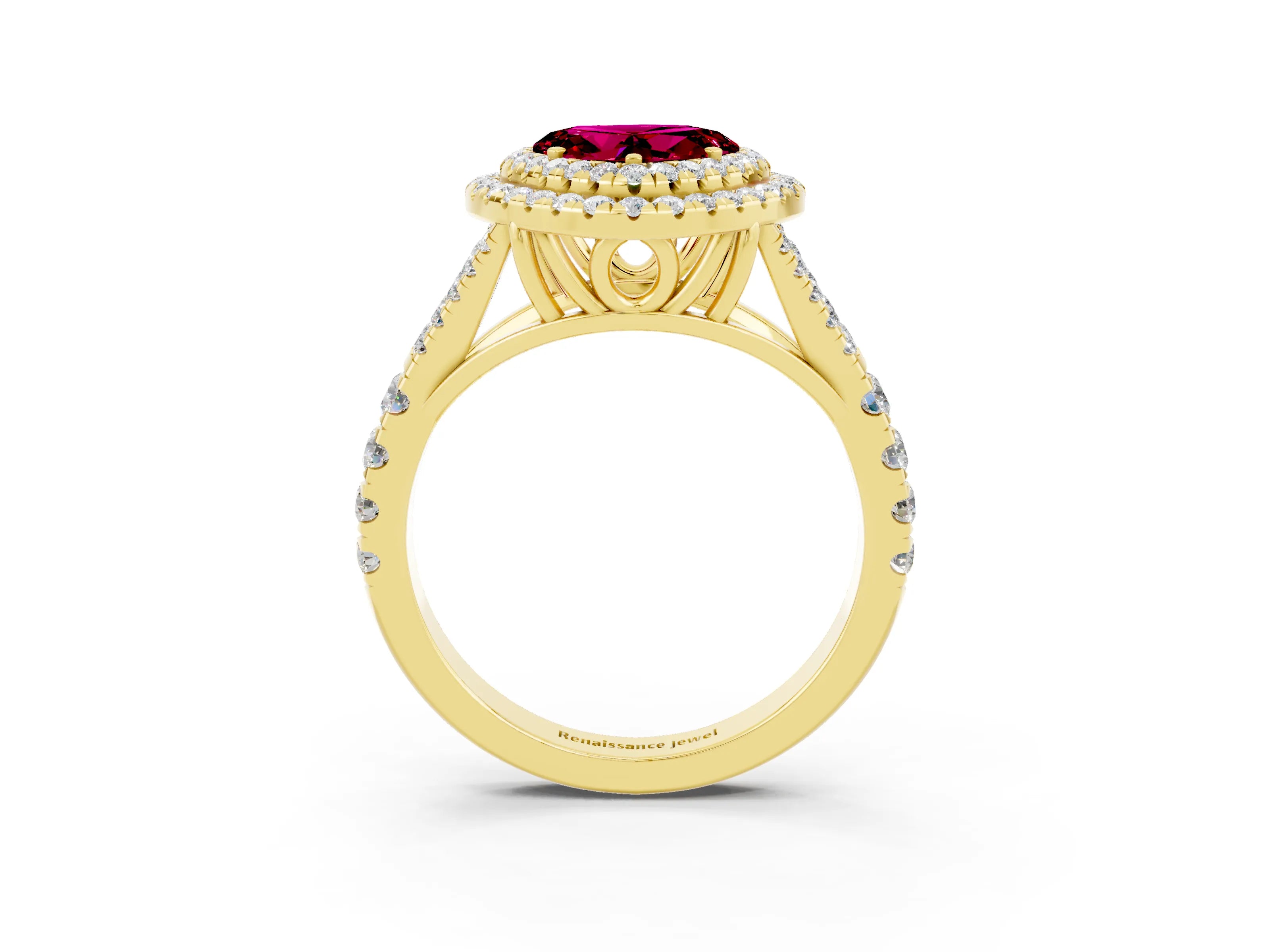Yellow gold Double Halo Heart Cut Garnet Split Shank Engagement Ring with Four-Prong Setting_3