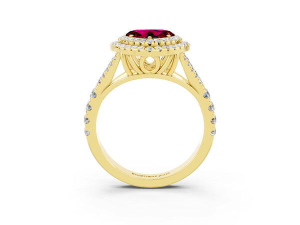 Yellow gold Double Halo Heart Cut Garnet Split Shank Engagement Ring with Four-Prong Setting