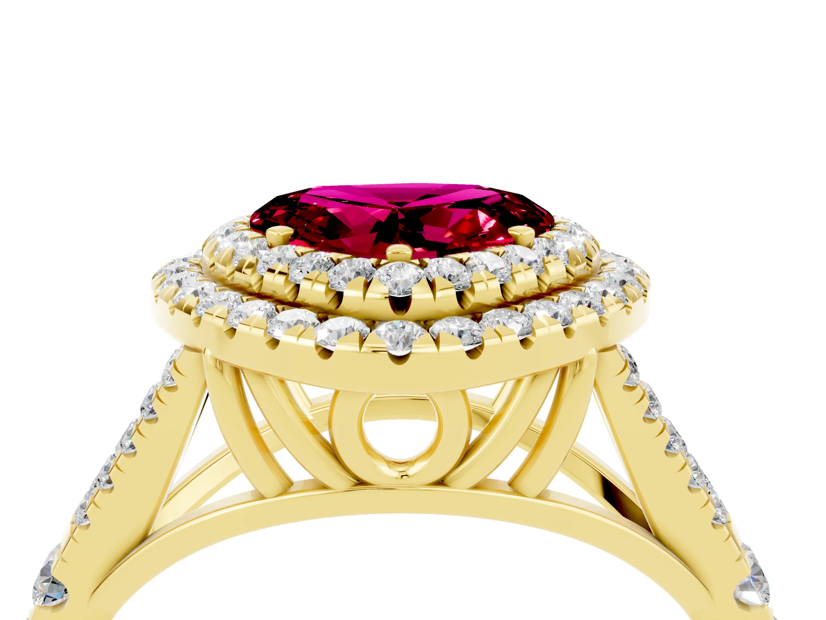 Yellow gold Double Halo Heart Cut Garnet Split Shank Engagement Ring with Four-Prong Setting_4