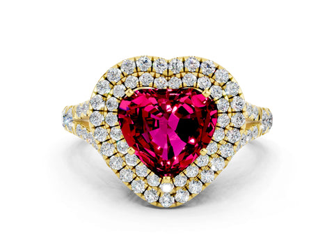 Yellow gold Double Halo Heart Cut Garnet Split Shank Engagement Ring with Four-Prong Setting
