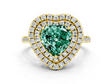 Yellow gold Double Halo Heart Cut Green Sapphire Pavé Band with Four-Prong Setting