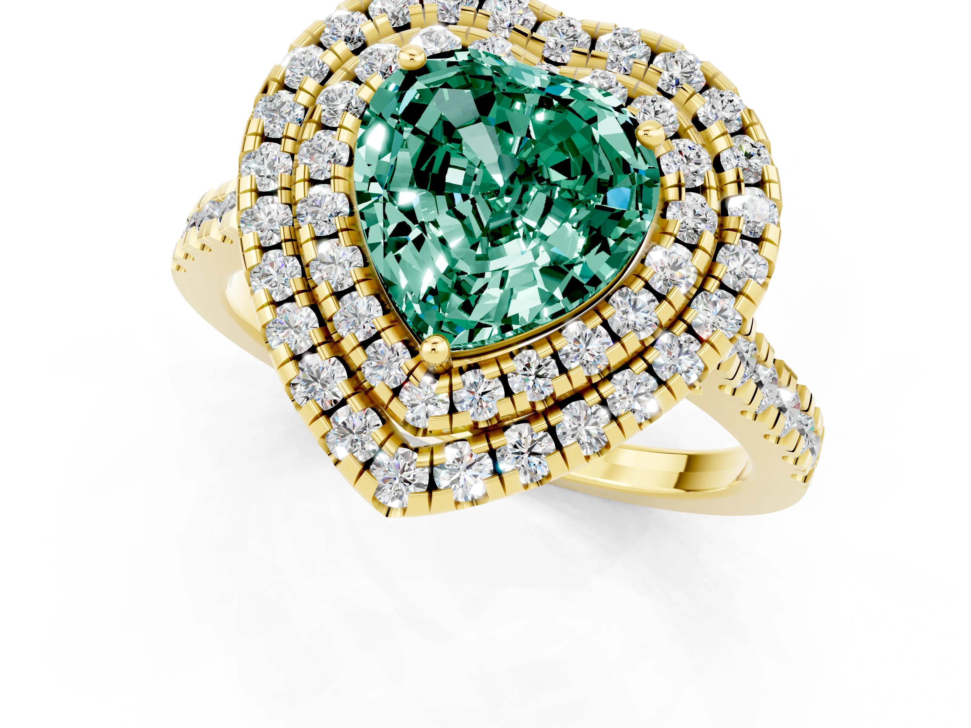 Yellow gold Double Halo Heart Cut Green Sapphire Pavé Band with Four-Prong Setting_1