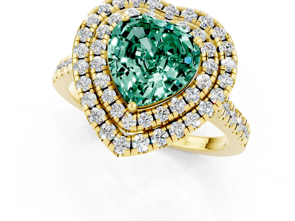 Yellow gold Double Halo Heart Cut Green Sapphire Pavé Band with Four-Prong Setting