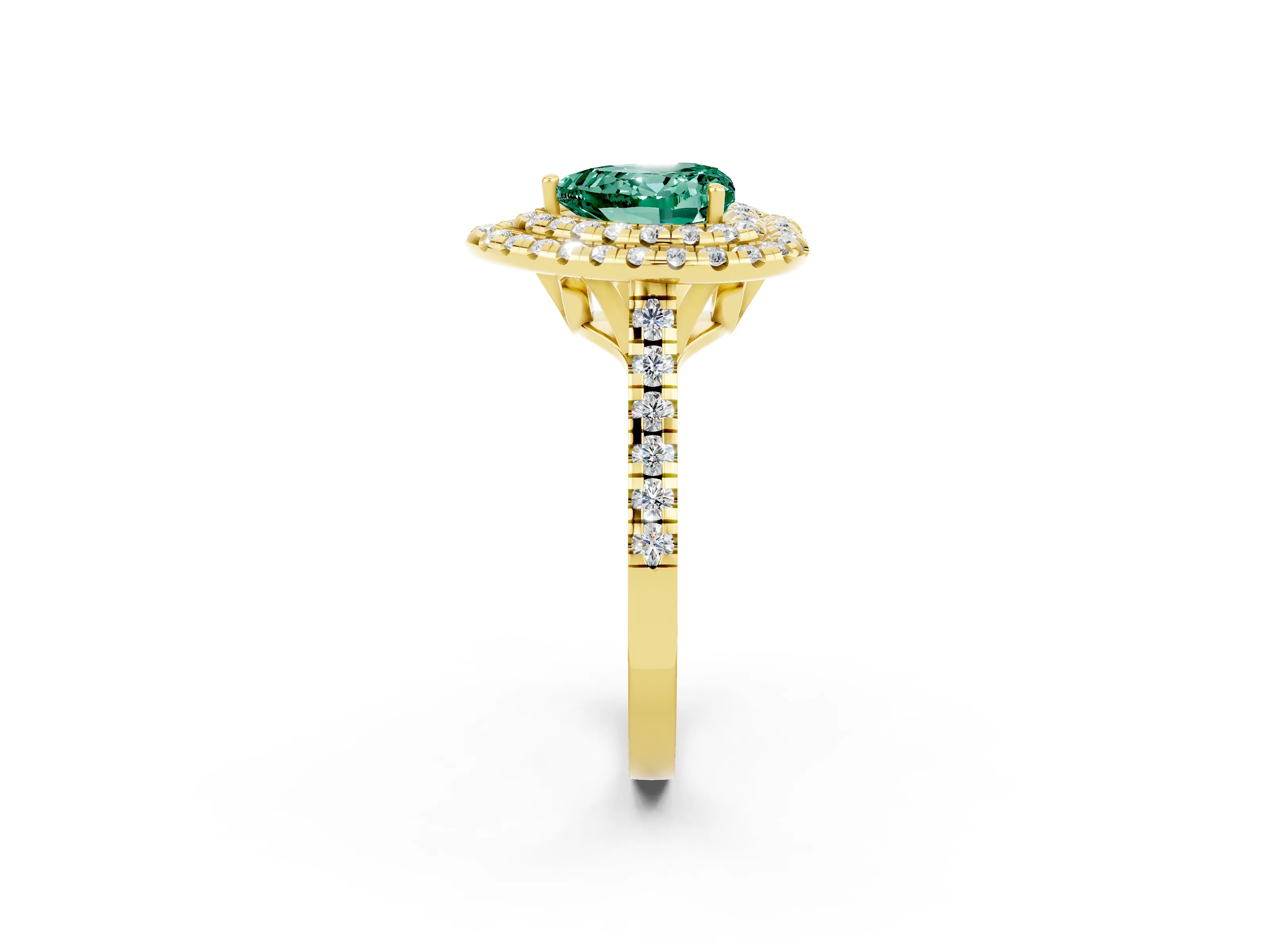 Yellow gold Double Halo Heart Cut Green Sapphire Pavé Band with Four-Prong Setting_2