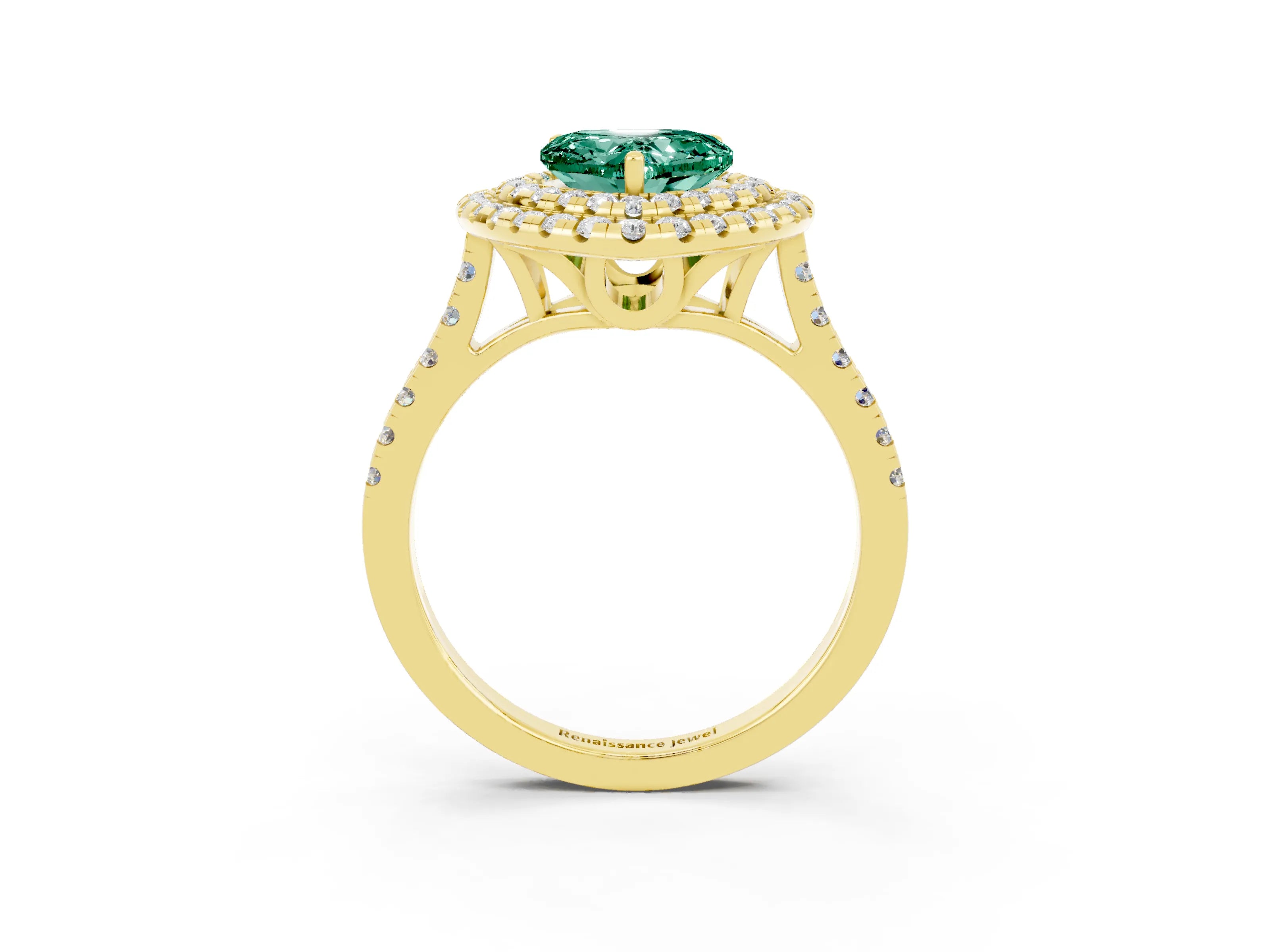 Yellow gold Double Halo Heart Cut Green Sapphire Pavé Band with Four-Prong Setting_3
